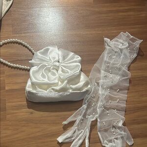 White Bow Pearl Purse with Long White Pearl Gloves- Bridal Accessories